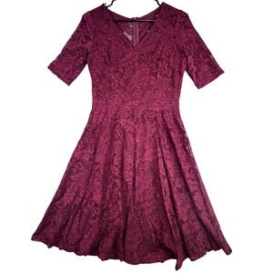 Meetjen Dress Women's Medium Red Burgundy Floral Lace Short Sleeve Fit and Flare